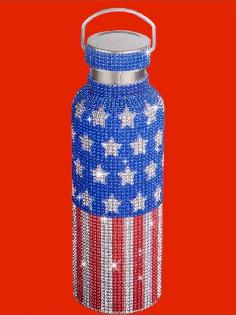 American Flag Rhinestone Water Bottle - Blue/Red/Silver